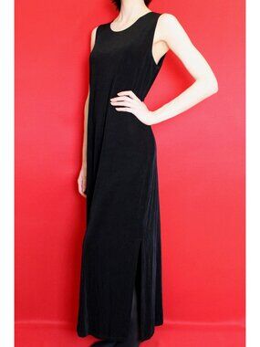 Vintage 90s Black Stretchy Sleeveless Maxi Dress w/ Slits, Size Petite 12